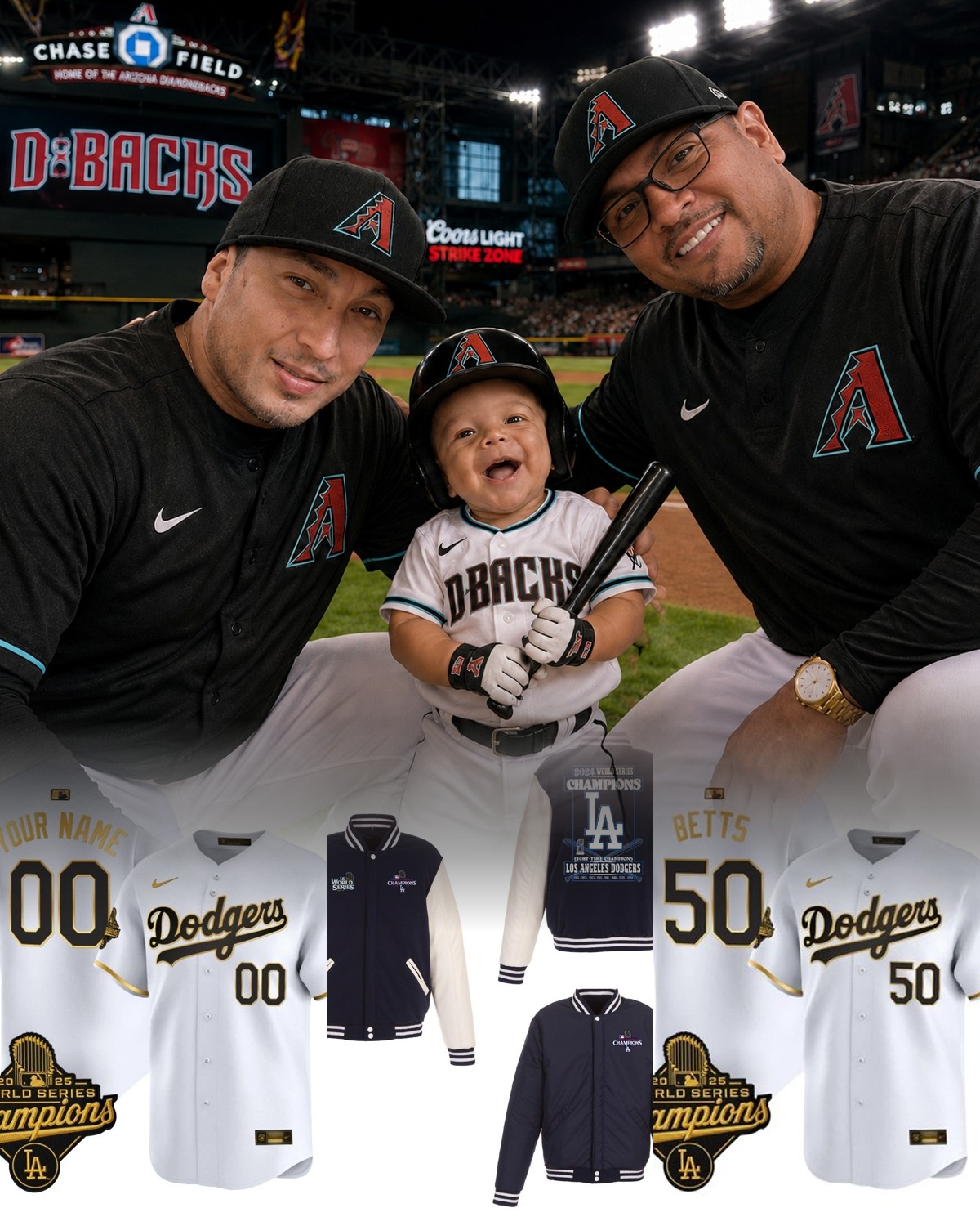 Collage of team jerseys, snapbacks, fitted hats and hoodies for Cardinals, Diamondbacks and Dodgers fans