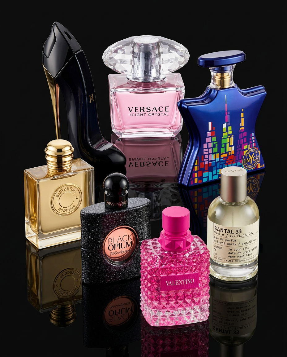 Designer men's and women's fragrance bottles and boxes arranged on a dark reflective background