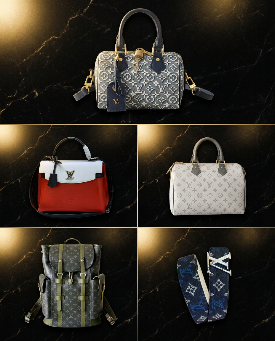 Designer purses, watches and jewelry arranged on dark marble